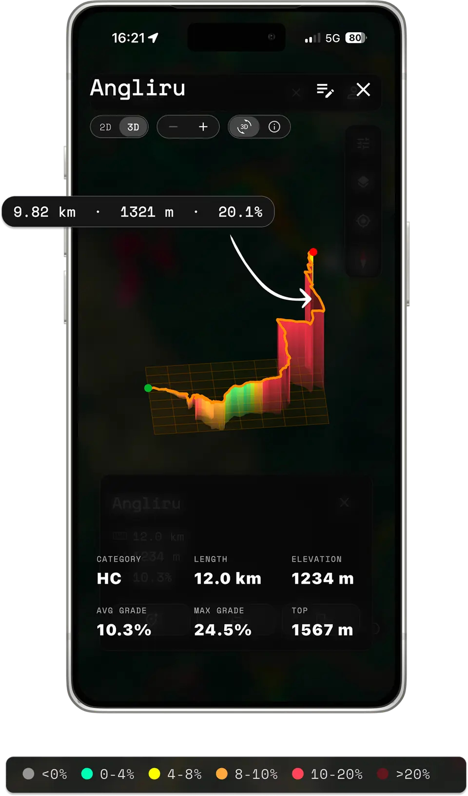 Flamap 3D climb preview on an iPhone