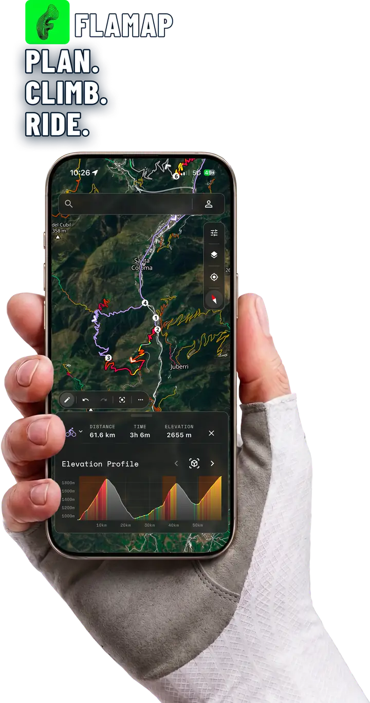 Flamap on an iPhone: plan, climb, ride.